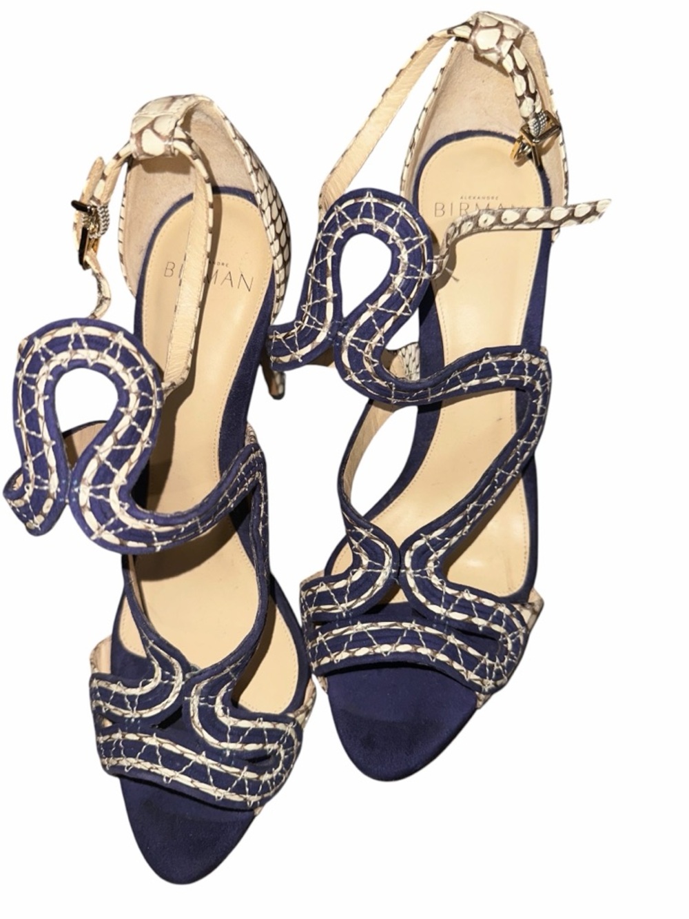 Alexandre Birman Navy and Cream Embroidered Curved Strap Sandals